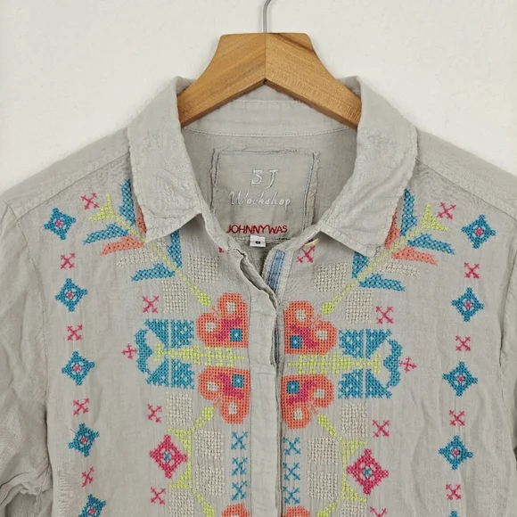3J Workshop Johnny Was Long Sleeve Button Down Embroidered Lightweight Top Small - Picture 7 of 12